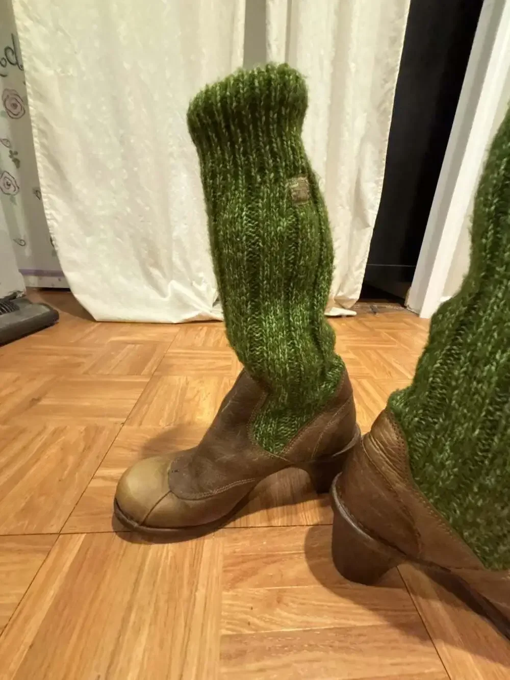 El Naturalista Brown Leather Ankle Boots with Green Knit Leg Warmers